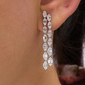 1.18 Ct Lab Grown CVD Diamond Long Earrings, 14k White Gold Dangle Earrings, Oversized Earrings for Women, Real Diamond Statement Earrings