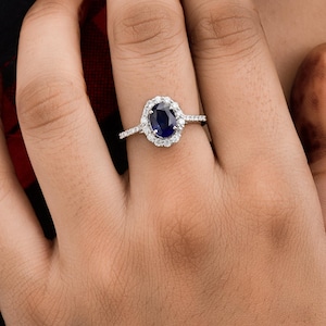 Blue Sapphire Diamond Ring 1.9Ctw| 14k Gold Sapphire Engagement Ring| Oval Cut Halo Ring| White Gold Fine Jewelry| September Birthstone Gift