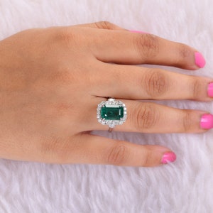 Emerald Diamond Ring 6.41 Tcw| 18K White Gold Cluster Ring| Halo Emerald Wedding Ring| Emerald Engagement Jewelry| Real Emerald Gift For Her