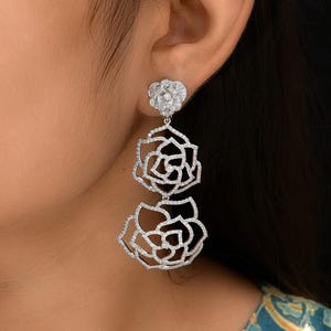 14k White Gold Dangle Earrings| 5.70 Ct Round Lab Grown CVD Diamond Dangle Earrings| Handmade Delicate Floral Earrings| Anniversary Gifts