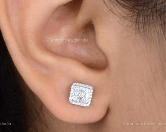 10K White Gold Diamond Halo Stud Earrings, Round Pave Bridal Jewelry