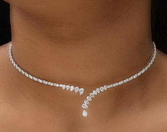3.18 Ct Pear Cut Genuine Diamond Choker Necklace, 18k White Gold Diamond Tennis Necklace, Diamond Eternity Necklace, Bridal Choker Necklace