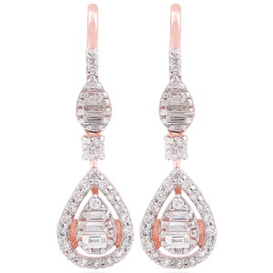18k Rose Gold Diamond Earrings For Women| Drop & Dangle Earrings| Ear Wire Diamond Earrings| Pave Diamond Earrings| Wedding Jewelry for Gift