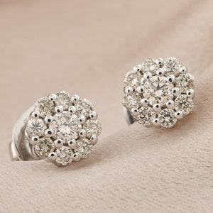 10k White Gold Diamond Studs Earrings| Round Diamond Earrings| Small Stud Earrings| Floral Diamond Studs| Women Diamond Stud Earrings