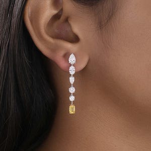Multi Shape Diamond Drop Earrings, Dual Tone 10K Gold, 4.85 Ct Yellow & White Diamonds, Bridal Wedding Jewelry