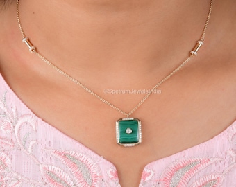 18k Yellow Gold Malachite Diamond Pendant, Natural Brilliant Cut Gemstone Necklace