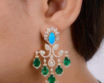Handmade 18k Gold Chandelier Earrings: Zambian Emerald, Diamond & Turquoise