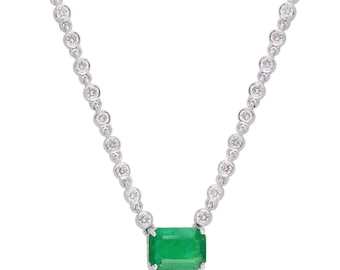 Natural 3.6ct Emerald Gemstone Round Cut 2.23ct Diamond Necklace, 18k White Gold 14.37gm Necklace for Women, Diamond Gold Chain Necklace
