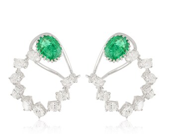 Zambian Emerald & Diamond Earrings, 18k Gold Gemstone Jewelry