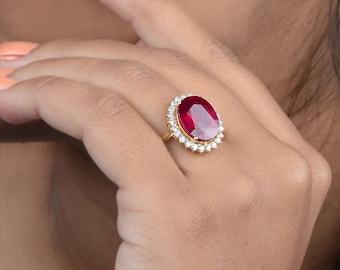 10k Gold Oval Red Gemstone Diamond Halo Ring – Statement Cocktail Jewelry