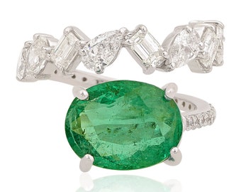 5.05 Ct Green Emerald Oval Cut Gemstone 2ct Natural Diamond Ring, 18k White Gold 2.97gm Wedding Openable Diamond Ring, Statement Gold Ring