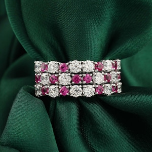 Cluster Ruby Diamond 10k Solid Gold Ring, Wide Band Stackable Ring, Anniversary Gift For Her
