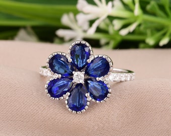 Bloem blauwe edelsteen ring, 14k witgoud Lab-Grown Diamond Ring, Daisy Ring, elegante verlovingsring, bloemenring, clusterring, vrouwenring