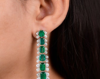 Natural Emerald & Diamond Long Earrings, 18K Gold Emerald Gemstone Jewelry, Dangle Drop Earrings, Designer Wedding Earring, Bridesmaid Gift