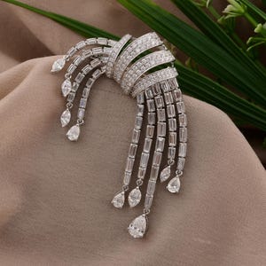 Diamond Brooch 5.56 Ct| 18K White Gold Wedding Brooch| Bridal Statement Brooch Pin| Diamond Statement Brooch| Baguette Pear Diamond Jewelry