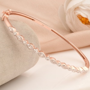 Diamond Bracelet 0.90Ct| Marquise & Round Cut Diamond Bangle| 18k/14k Rose Gold Dainty Bracelet| Natural Diamond Gold Bracelet| Gift for Her