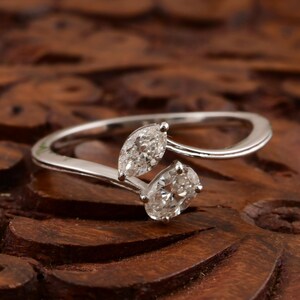 Diamond Bypass Ring 0.44 Ct| 18k White Gold Two Diamond Ring| Lab Grown/Natural Diamond Jewelry| Pear & Oval Cut Diamond Anniversary Gift