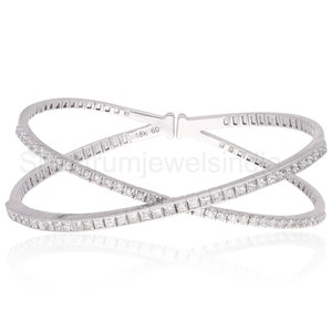 Natural Diamond Criss Cross Bangle for Women| 18k White Gold Half Eternity Bangle Bracelet| Brilliant Cut Diamond| Weddings Jewelry Gift