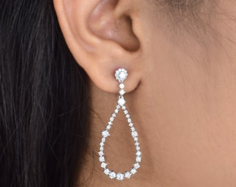 1.83ct Natural Pave Diamond Gold Earrings| 10k White Gold Statement Dangle Drop Earrings| Round Cut Diamond Long Earrings| Anniversary Gifts