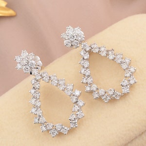 Round Brilliant Cut 2.45ct Diamond Earrings| 5.48gm 14k White Gold Dangle Earrings| Natural Pave Diamond Teardrop Earrings for Bridesmaid