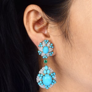 Arizona Turquoise With Diamonds Earrings, 18k Yellow Gold Dangle Earrings With Real Diamonds, Everyday Wear Earrings Handmade Jewelry Gift