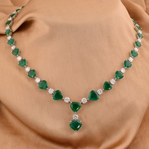 Heart Cut Zambian Emerald Lariat Necklace with Diamond, 18K White Gold Engagement Necklace, Wedding Long Necklace, Women Statement Necklace