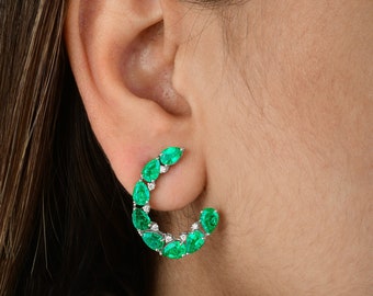 Diamond & Emerald Earrings / 18k Gold Diamond Earrings / Oval Zambian Emerald Gemstone Earrings / Round Cut Diamond Dainty Wreath Earrings