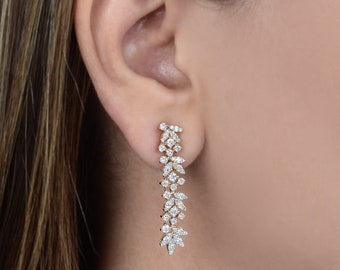 Gold Diamond Earrings / Pave Diamond Leaf Earrings / 14k Gold Diamond Dangle Earrings / Dainty Diamond Anniversary Wedding Jewelry For Women