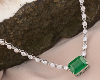 Emerald Cut Emerald Diamond Necklace 14k Solid Gold Jewelry Emerald Pendant with Bezel Diamond Chain Emerald Pendant Chic Necklace For Women