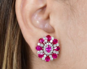 Natural Ruby Diamond Stud Earrings, 10K Gold Wedding Studs, July Birthstone, Bridal Earrings, Bridesmaid Gift, Gift For Women, Flower Studs