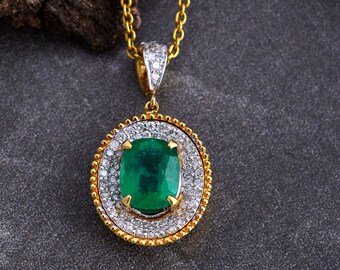 Emerald Necklace Chain / 18k Gold Diamond Pendant Necklace / Diamond Emerald Wedding Necklace / Zambian Emerald Gemstone Necklace For Women