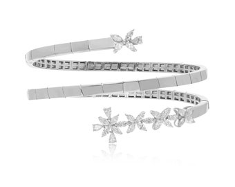 Diamond Spiral Bangle Bracelet 1.34Ct| 18k White Gold Diamond Bracelet| Floral Diamond Cuff Bangle| Real Diamond Jewelry Gift for Bridesmaid