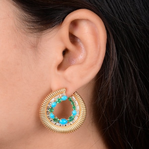 4.24 Ctw Natural Emerald & Turquoise Hoops Earrings, Hallmarked 18K Gold Natural Diamond Earrings, Prong Set Gemstone Boho Earrings for Her