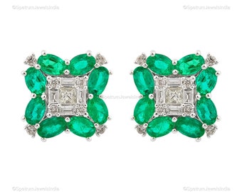 Oval Cut Emerald Diamond Stud Earrings, 10k White Gold, Birthstone Jewelry