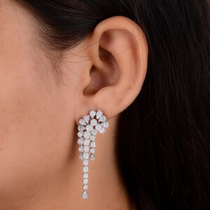 18k White Gold Dangle Earrings / Natural Diamond Earrings / Handmade Gold Earrings / Best Wedding Anniversary Gift For Wife