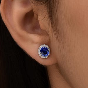 Natural Blue Sapphire Diamond Halo Stud Earrings, 18k White Gold Earrings, 2.45ct Blue Sapphire Gold Stud Earrings, Birthday Gift For Women