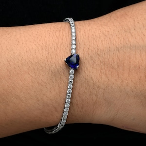5.43Ct Blue Sapphire & Diamond Tennis Bracelet, 18k/14k Gold Wedding Bracelet, Heart Cut Solitaire Bracelet, Dainty Gold Bridesmaid Bracelet