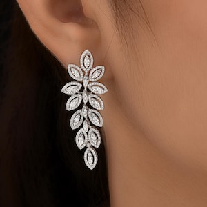 14k White Gold Dangle Leaf Earrings| Round Cut Lab Grown CVD Diamond Earrings| Handmade Delicate Floral Earrings| Anniversary Gift For Wife