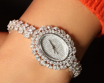 Certified 10.62 SI/H Natural Diamond Luxury Wrist Watch for Women | 30.70 gm 18k White Gold| Analog Women Natural Diamond Watch Gift for her