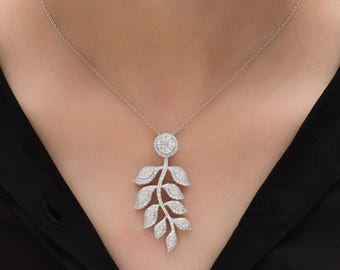 2.82 Ct Real Genuine Diamond Leaf Pendant Necklace, 18k/14k Solid Gold Women Necklace, Nature Inspired Jewelry, Birthday or Anniversary Gift