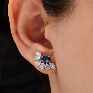 Blue Sapphire and Diamond Stud Earrings| Oval Cut Sapphire Studs| 18k White Gold Earrings| Birthstone Jewelry| Wedding Earrings Gift For Her