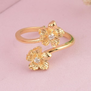 14k Yellow Gold Flower Ring with Diamond, Floral Adjustable Gold Ring for Women, Dainty Handmade Jewelry, Round Cut Diamond Wedding Gift
