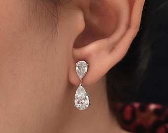 18K Gold Dangle Earrings with Natural/Lab Grown Diamond, Pear Cut Dangle Drop Earrings, Bridesmaid Wedding Gift