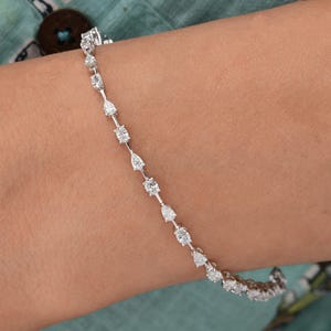 Lab Grown Diamond Bracelet 2.14 Ct| 14k White Gold Engagement Bracelet| Gold Diamond Wedding Bracelet| Pear & Oval Diamond Gift for Her