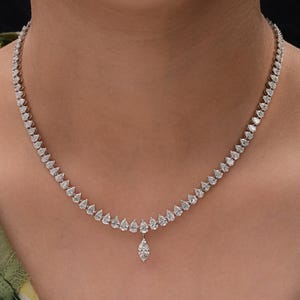 Diamond Tennis Necklace 10.15 Ct| 18K White Gold Diamond Drop Necklace| Wedding Statement Necklace| Pear & Marquise Diamond Anniversary Gift