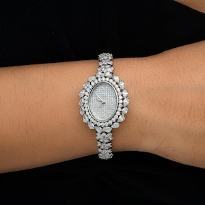 Certified 11.61 Ct SI/H Natural Diamond Luxury Wrist Watch for Women | 35.70 gm 18k White Gold| Mechanical Analog Diamond Watch Gift for her