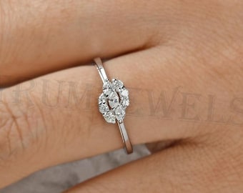 10k, 14k, 18k Gold Diamond Wedding Ring, Dainty Diamond Round & Marquise Ring, 18k White Gold Ring, Diamond Jewelry 1st Anniversary Gift