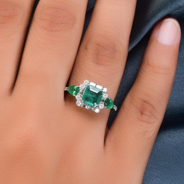 Three Stone Emerald Engagement Ring Natural Diamond 18K White Gold Halo Ring