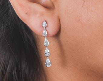 18K White Gold Pear Cut Diamond Dangle Earrings | Handmade Bridal Jewelry