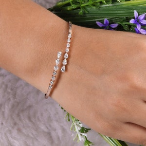 Diamond Bangle Bracelet 1.32Ct| 18k/14k Gold Wedding Bracelet| Bypass Bracelet| Dainty Gold Bracelet| Pear Cut Diamond Jewelry Gift for Wife